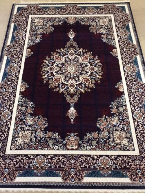 Tabriz Panel-Grid Medallion Rug — Burgundy/Navy & Ivory