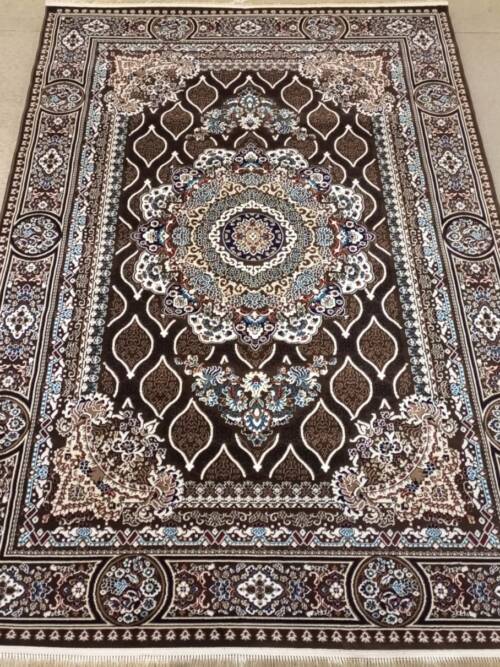 Isfahan Lattice Medallion Rug — Coffee Brown/Ivory & Sky-Blue