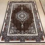 Tabriz Panel-Grid Medallion Rug — Coffee Brown/Ivory & Sky-Blue