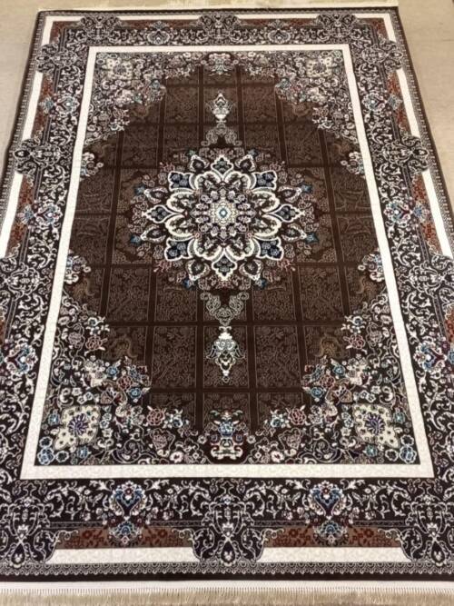 Tabriz Panel-Grid Medallion Rug — Coffee Brown/Ivory & Sky-Blue