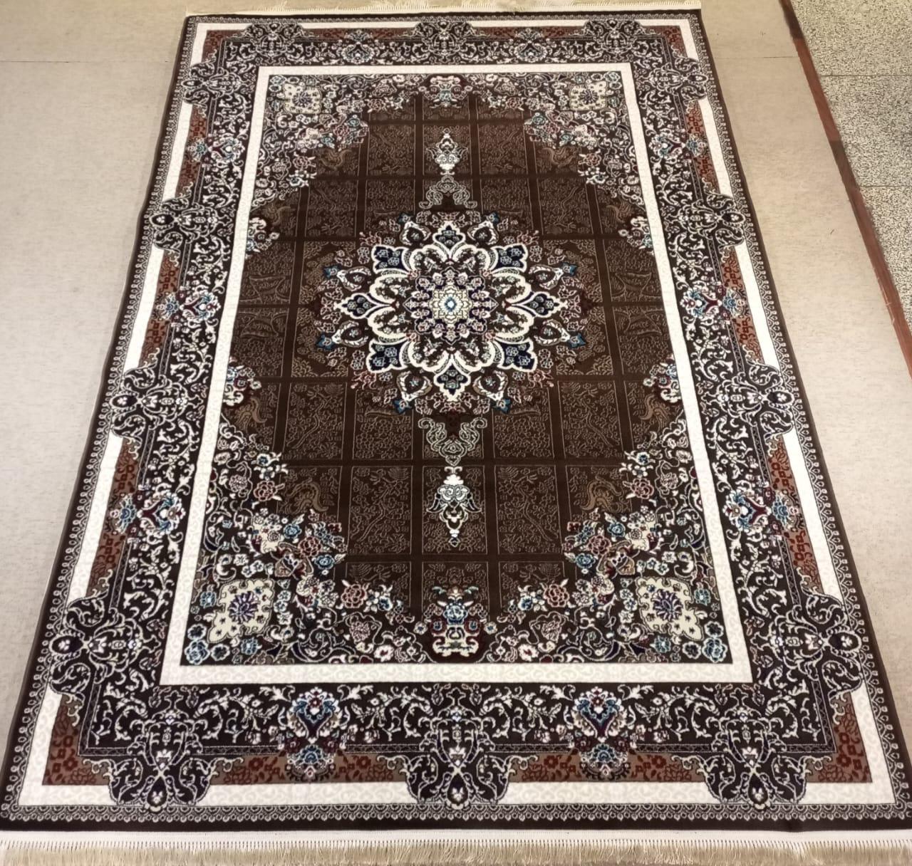 Tabriz Panel-Grid Medallion Rug — Coffee Brown/Ivory & Sky-Blue