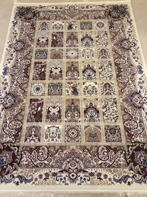 Kheshti Garden Panel Rug — Ivory/Beige with Wine & Teal Accents