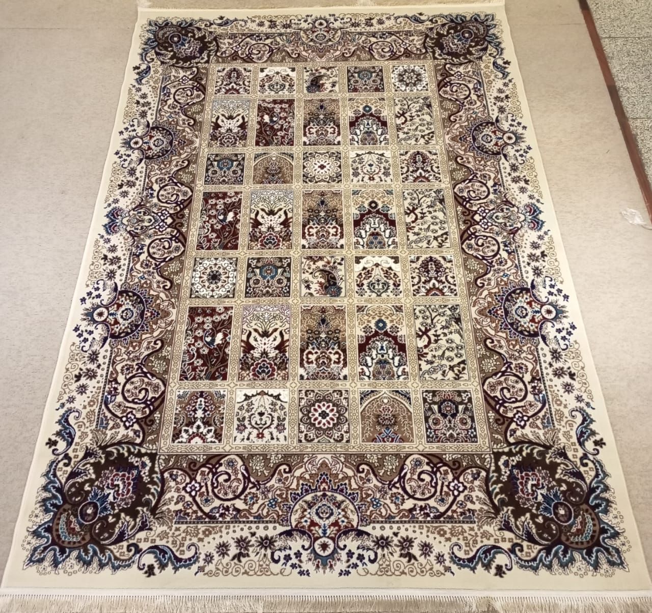 Kheshti Garden Panel Rug — Ivory/Beige with Wine & Teal Accents