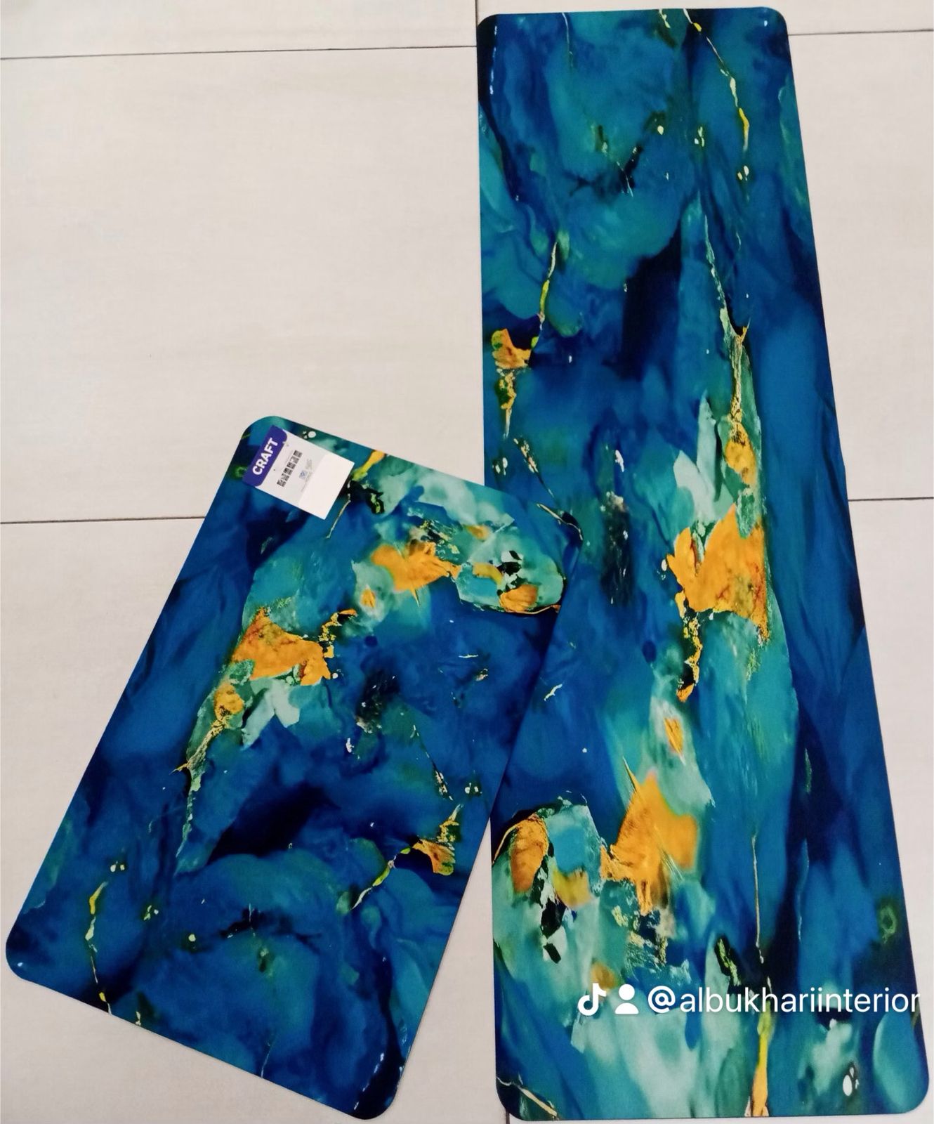 CRAFT by Albukhari Interior Blue and Gold Abstract Marble-Effect Floor Mats / Runners