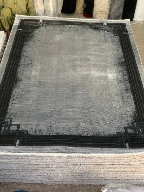 Modern Distressed Grey Area Rug with a Geometric Border