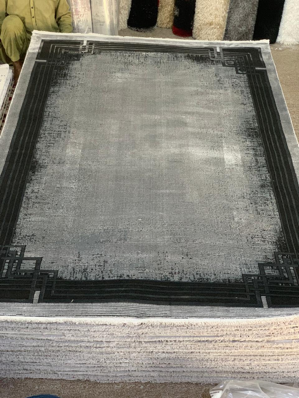 Modern Distressed Grey Area Rug with a Geometric Border
