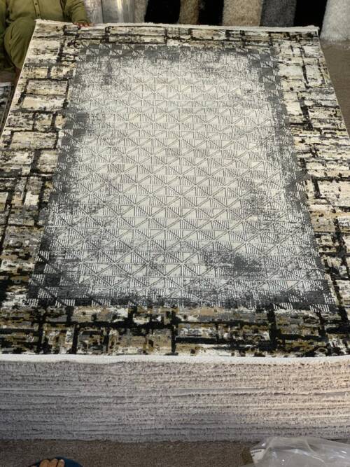 Modern White, Grey, and Black Abstract Rug with Textured Geometric Design