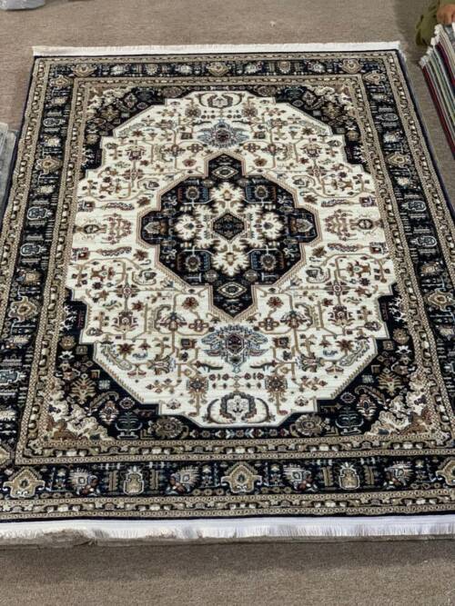 Traditional Persian-Style Floral Medallion Area Rug in Cream, Black, and Beige