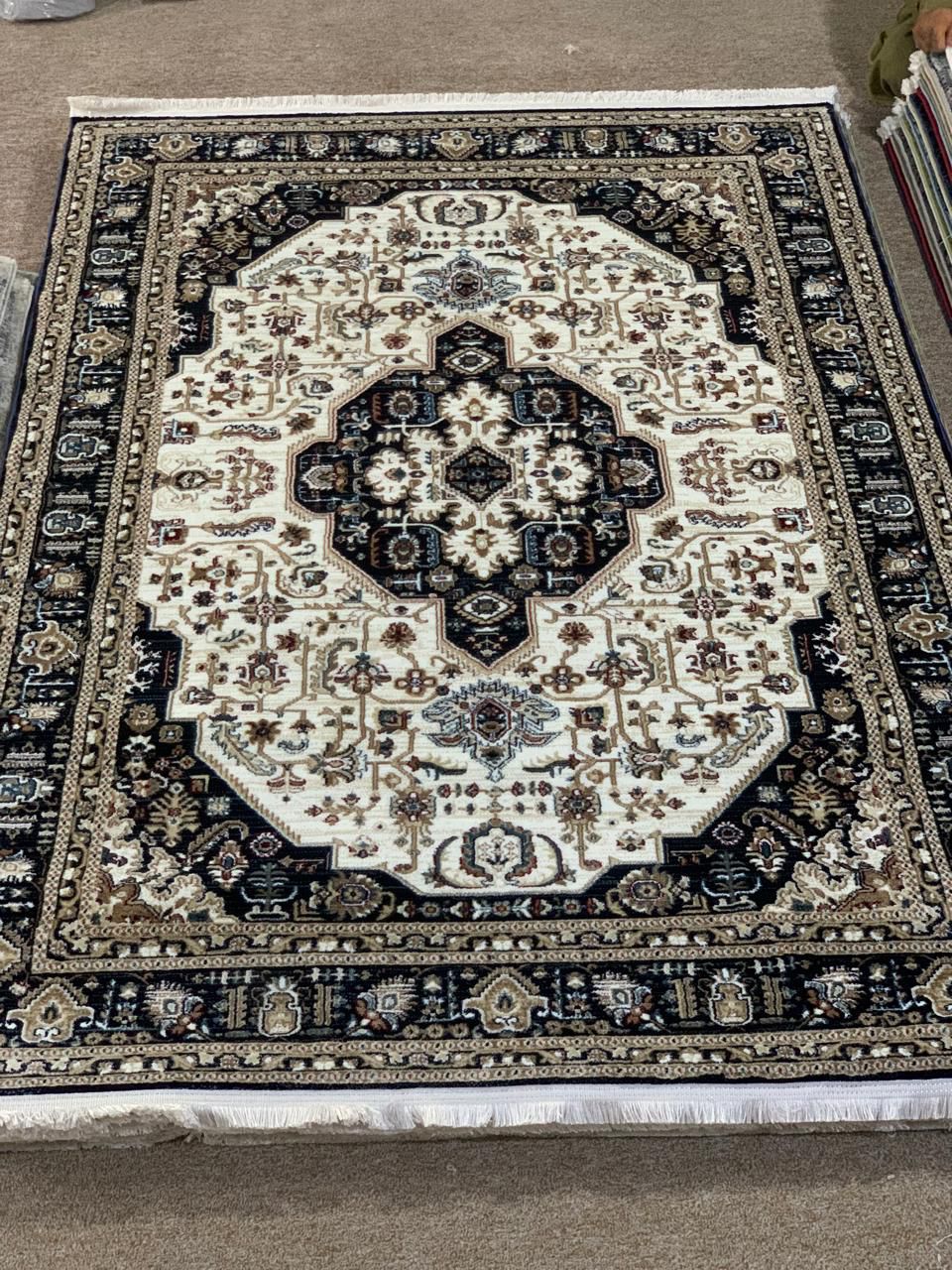 Traditional Persian-Style Floral Medallion Area Rug in Cream, Black, and Beige