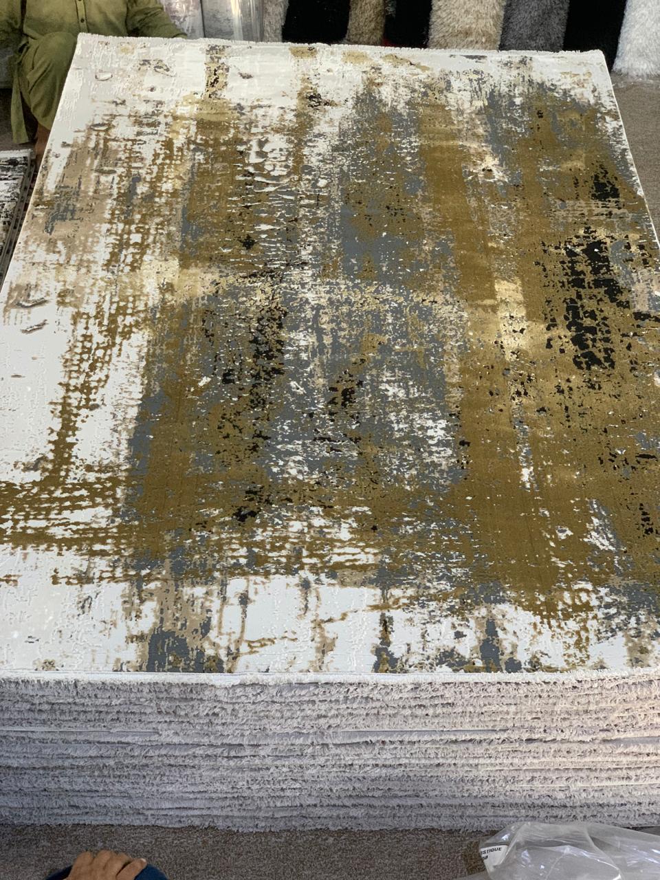 Loom Print Grey/Gold Viscose Hand Loomed Indian Rug