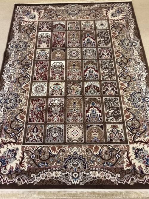 Kheshti Garden Panel Rug — Coffee Brown/Ivory with Wine & Teal Accents
