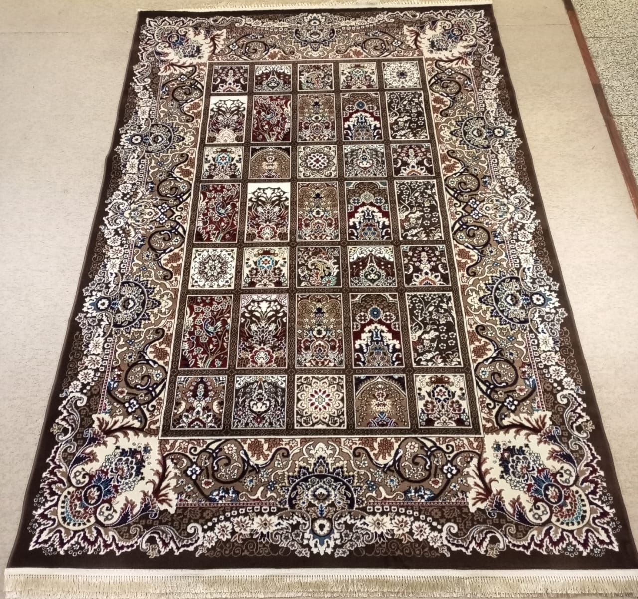 Kheshti Garden Panel Rug — Coffee Brown/Ivory with Wine & Teal Accents