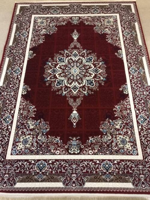 Tabriz Panel-Grid Medallion Rug — Maroon/Ivory & Teal