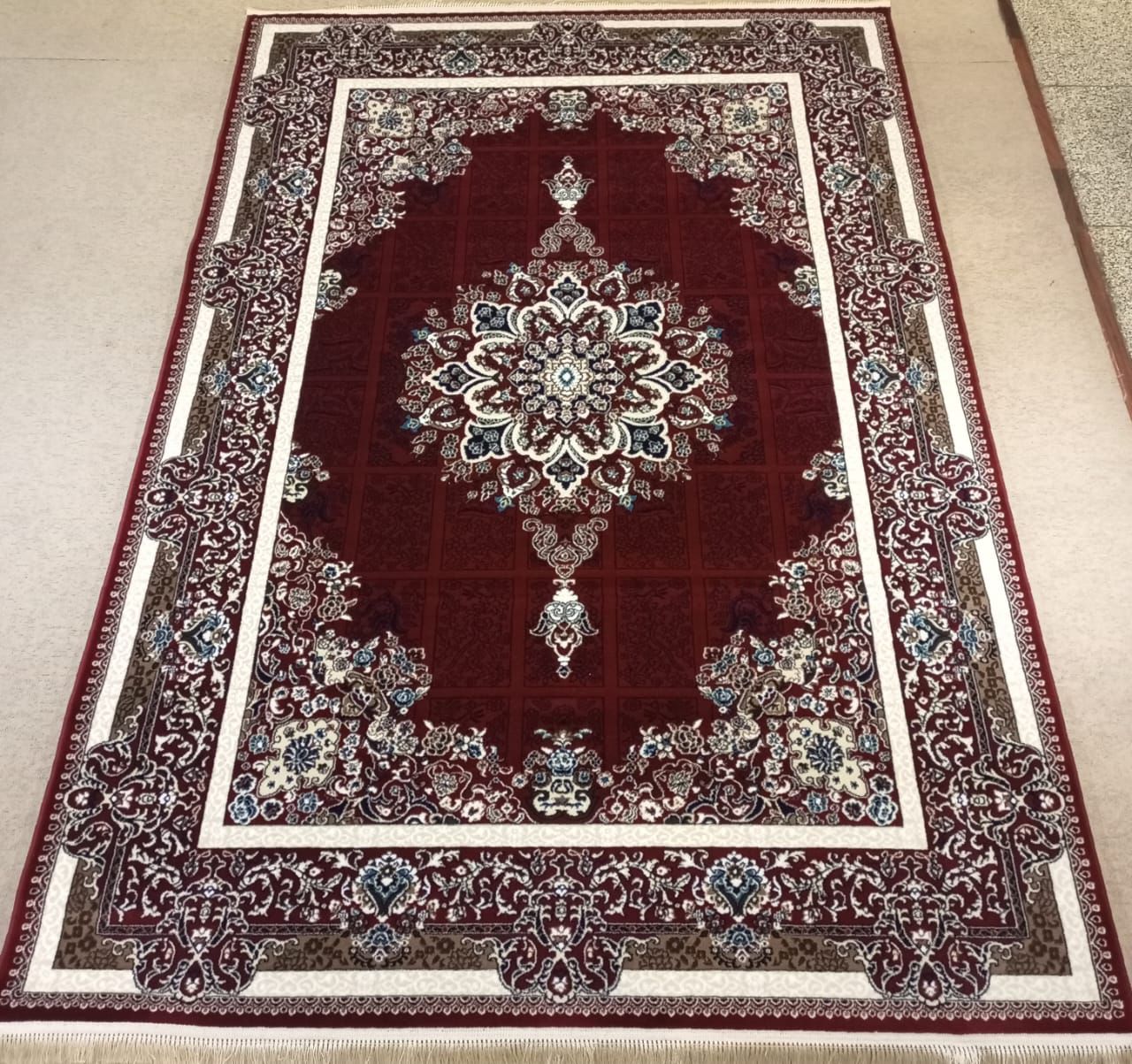Tabriz Panel-Grid Medallion Rug — Maroon/Ivory & Teal